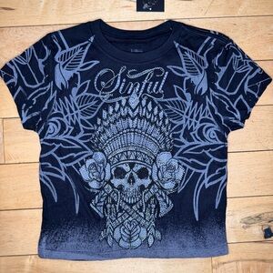 Affliction Sinful Rhinestone THUNDER SKY Skull Black Woman’s XS